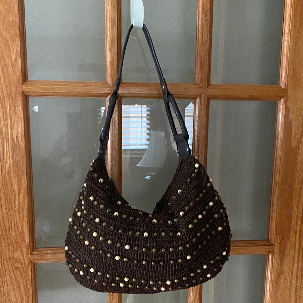 Chic Chocolate Brown Beaded Crocheted Slouchy Hobo Shoulder Bag, NWOT - Picture 2 of 14